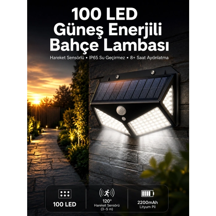 Mey İthalat® Solar Sensörlü Duvar Lambası Bahçe Lambası Parlak Beyaz Işık Suya Dayanıklı