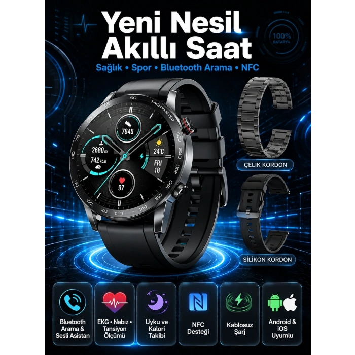Mey İthalat® Suya Dayanıklı Dokunmatik Akıllı Saat Bluetooth 5.0, Sesli Asistan ve Sağlık Takibi