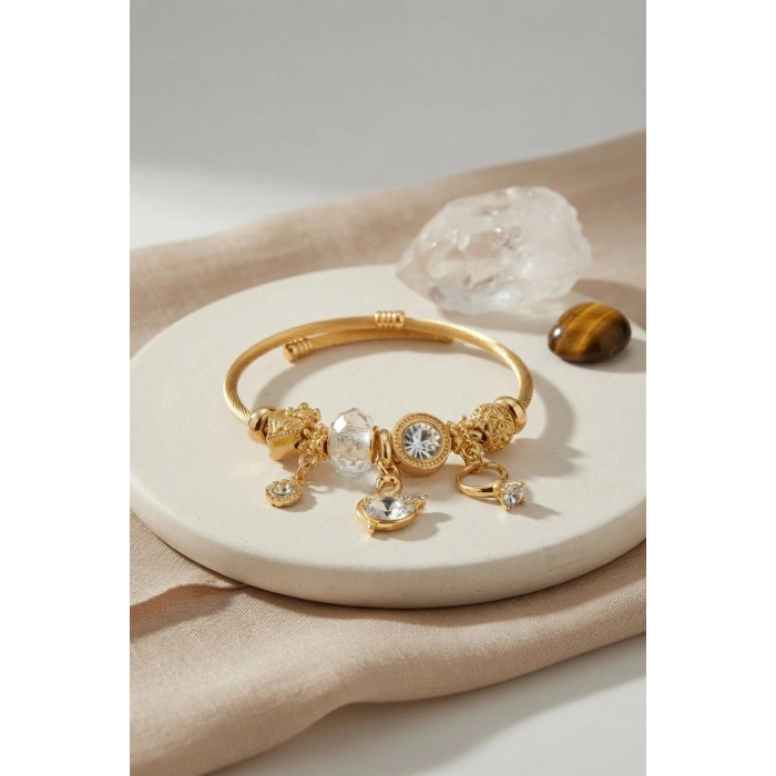 Mey İthalat® Swan Model Gold Renk Beyaz Charmlı Bileklik