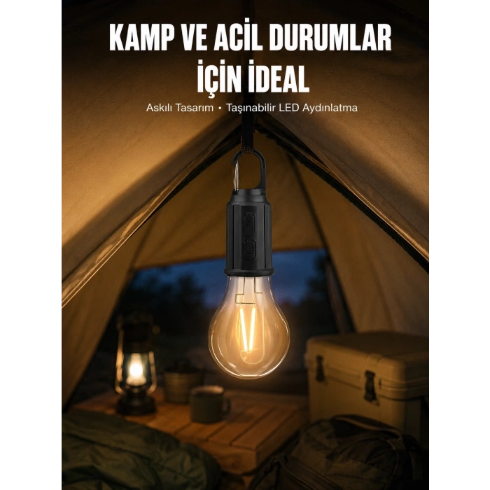 Mey İthalat® Taşınabilir Askılı Ampul Kamp Lambası Askılı Type-C Şarjlı Bahçe Lambası
