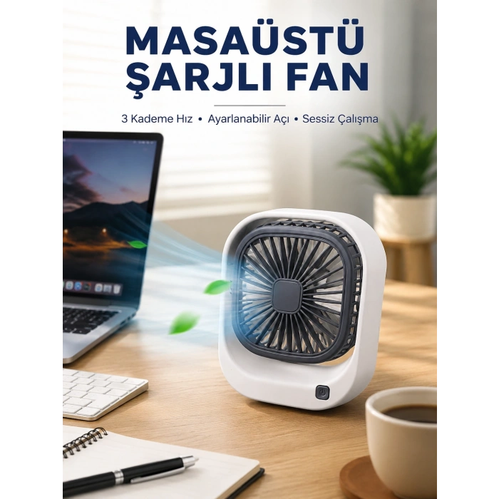 Mey İthalat® Taşınabilir Masaüstü Fan Ayarlanabilir Açılı Şarjlı Tasarım