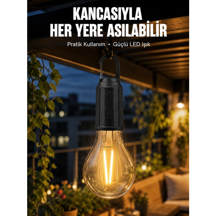 Mey İthalat® Taşınabilir Şarjlı Led Ampul Askılı Lamba Kamp Bahçe Lambası