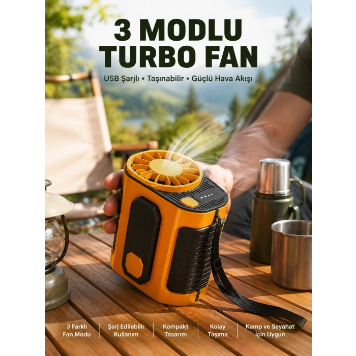 Mey İthalat® Taşınabilir USB Şarjlı Turbo Fan – 3 Modlu Soğutma, Hafif & Kompakt