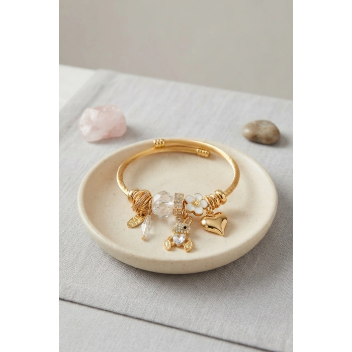 Mey İthalat® Tavşan Model Gold Renk Beyaz Charmlı Bileklik
