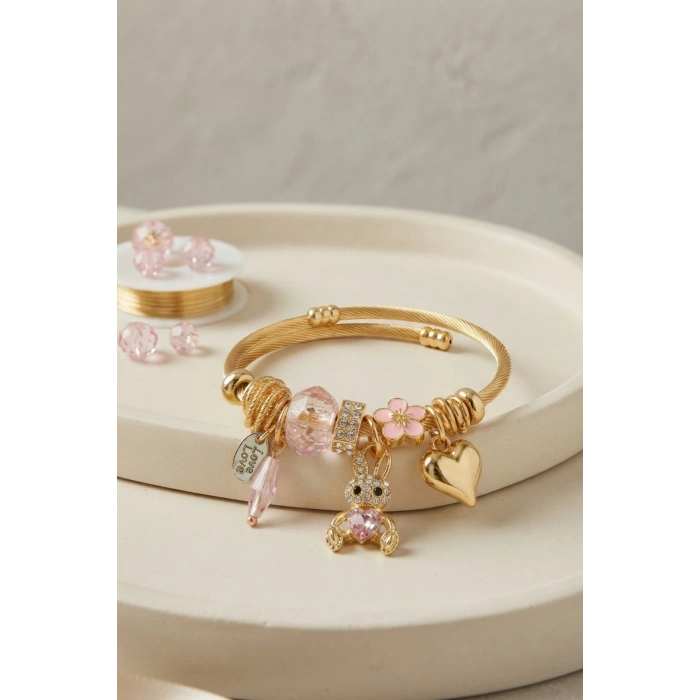 Mey İthalat® Tavşan Model Gold Renk Pembe Charmlı Bileklik