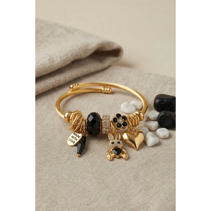 Mey İthalat® Tavşan Model Gold Renk Siyah Charmlı Bileklik