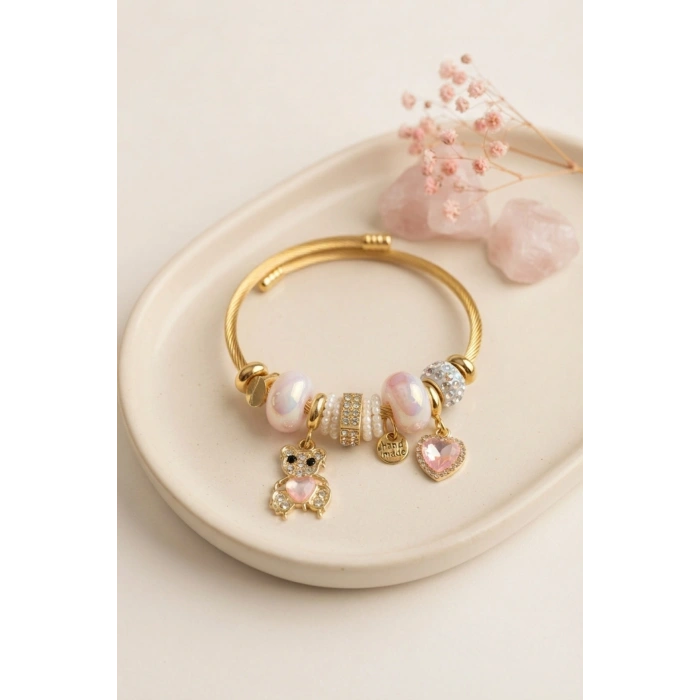 Mey İthalat® Tedy Bear Model Gold Renk Pembe Charmlı Bileklik