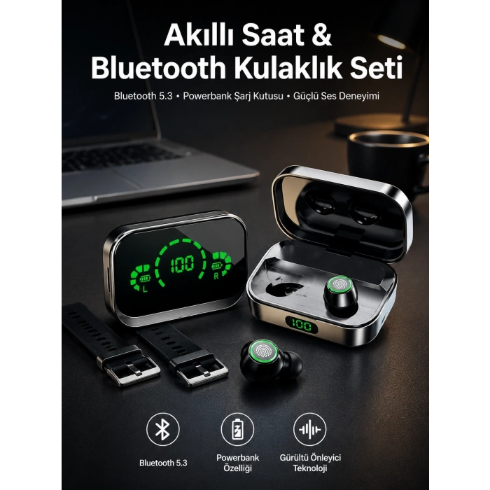 Mey İthalat® TWS Bluetooth Kulaklık ve Akıllı Saat Uyku Takibi Nabız Ölçer Uzun Pil Ömrü