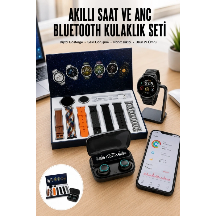 Mey İthalat® Ucuz Kaliteli Yeni Nesil 7 Kordonlu Akıllı Saat ve Kablosuz Bluetooth Kulaklık ANC Özelliği