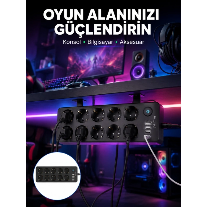 Mey İthalat® USB ve Type-C Çıkışlı 10lu Akım Korumalı Çoklu Priz Güç Dağıtıcı
