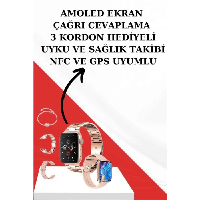Mey İthalat® Wireless Şarjlı Pembe Akıllı Saat ve Kablosuz Bluetooth Kulaklık Dokunmatik Kontrol