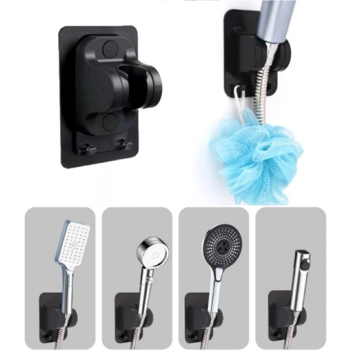 Mey İthalat® Yapışkanlı Duş Başlığı Tutucu Ayarlı Askılı Siyah
