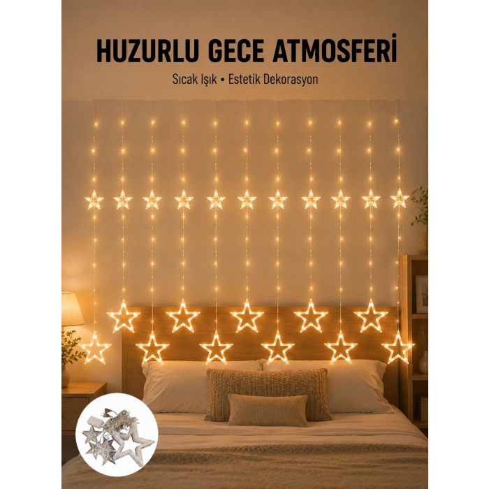Mey İthalat® Yıldız Desenli Perde Tipi Peri Led 3x3 Metre Aydınlatma Yeni Nesil