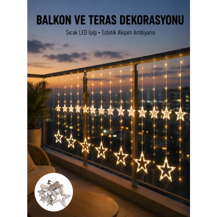 Mey İthalat® Yıldız Figürlü Perde Peri Led 3x3 Metre Dekoratif Işık Yeni Nesil