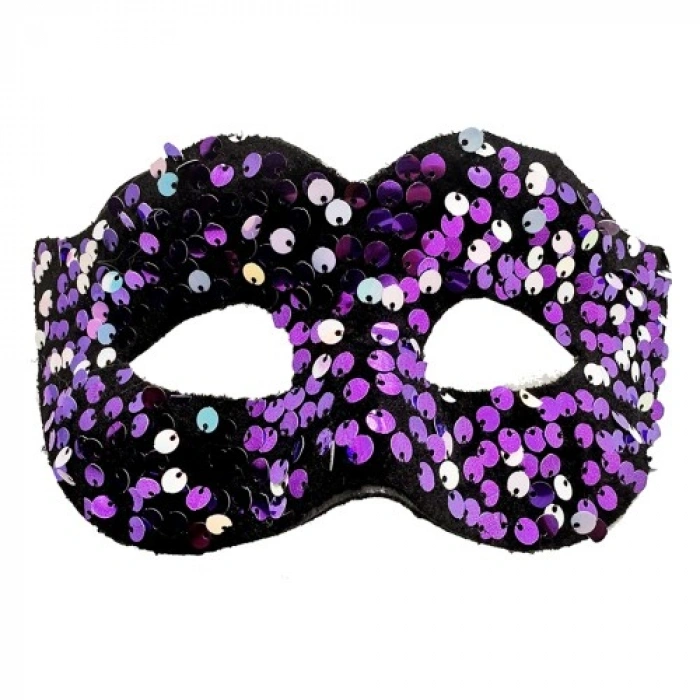 Mor Renk Arkadan Lastikli Pul Payet İşlemeli Balo After Parti Maskesi