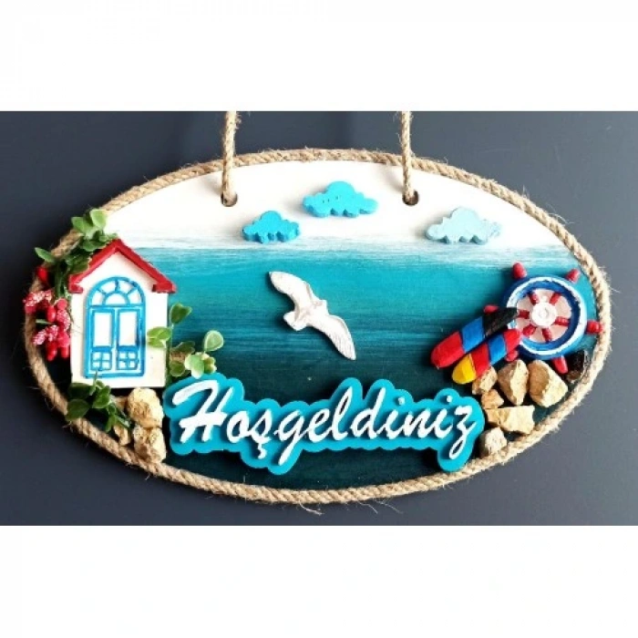 Sahil Kasabası Hoşgeldiniz Yazılı El Yapımı Kapı Süsü