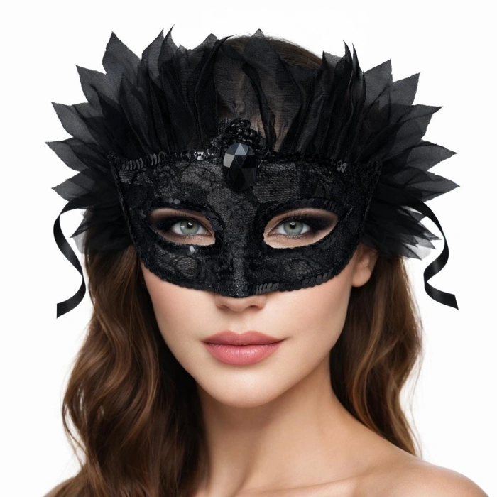 Siyah Taşlı Venedik Maskesi Lüks Tüllü Parti Maskesi
