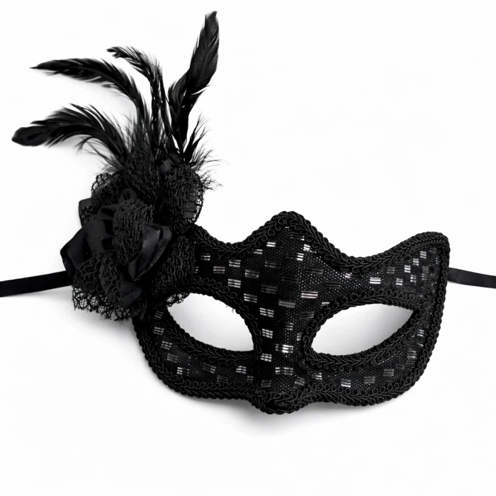 Siyah Tüylü Balo Maskesi Kadın Parti Aksesuarı