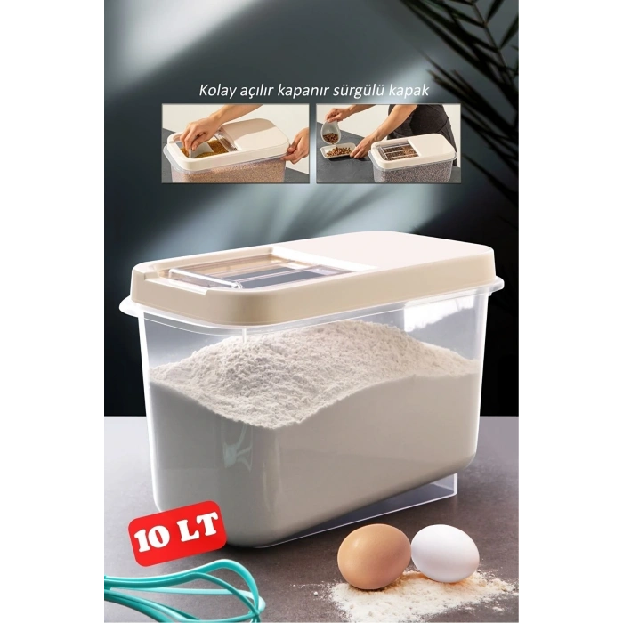 Sürgülü Kapaklı 10 Lt Erzak Bakliyat Un Şeker Saklama Kabı