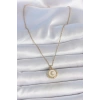 BFS 316L Çelik Gold Renk Zincir Beyaz Mineli Hilal İşlemeli Madalyon Model Kadın Kolye
