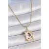 BFS 316L Çelik Gold Renk Zincir Pembe Mineli Çiçek İşlemli İnci Detay Portre Model Kadın Kolye