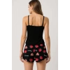 Çilek Baskılı Siyah Askılı Şortlu Pijama Takımı