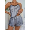 Love Baskılı Gri Saten Şortlu Gecelik Takım