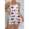 Love Desenli Beyaz Saten Şortlu Gecelik Takım