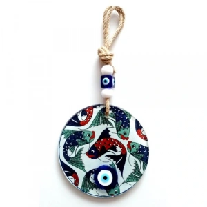 Balık Desenli Nazar Boncuklu Füzyon Cam Duvar Dekoru