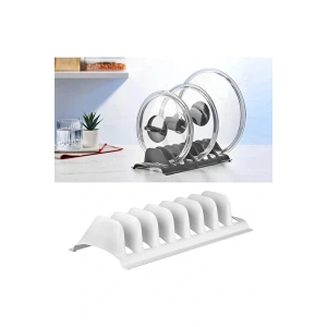 Beyaz - 8 Bölmeli Tencere Kapak Rafı - Simple Tabaklık - Kapak Organizeri