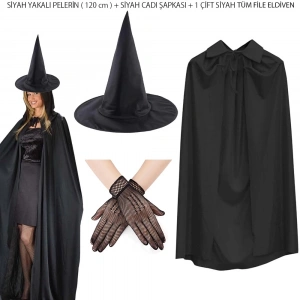 BFS 120 cm Siyah Yakalı Cadı Pelerini Cadı Şapkası ve 1 Çift Siyah Kısa File Tüm Eldiven Seti 3 Parça