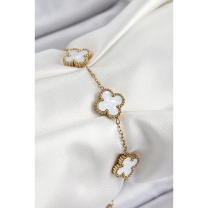 Mey İthalat® 316L Çelik Beyaz Sedef Yonca Model Gold Renk Kadın Bileklik