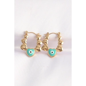 BFS 316L Çelik Gold Renk Mavi Nazarlı Kalpli Model Küpe