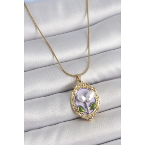 BFS 316L Çelik Gold Renk Mor İncili Çiçek İşlemeli Portre Model Kadın Kolye