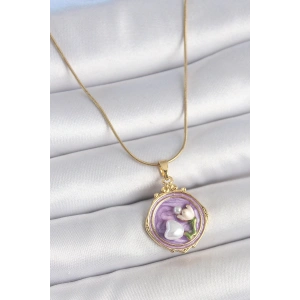 BFS 316L Çelik Gold Renk Zincir Mor Mineli İncili Çiçek İşlemeli Portre Model Kadın Kolye