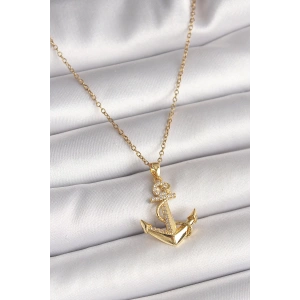 BFS 316L Çelik Gold Renk Zincir Zirkon Taş Detaylı Çapa Model Kadın Kolye