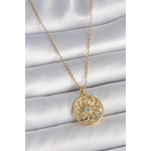 BFS 316L Çelik Gold Renk Zincr Mavi Taşlı Lotus Model Kadın Kolye