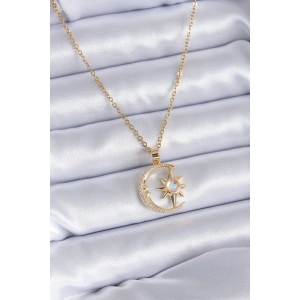 BFS 316L Çelik Gold Renk Zirkon Taşlı Ay Yıldız Model Kadın Kolye