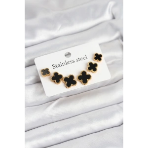 BFS 316L Çelik Gold Siyah Renk 3 Boy Yonca Küpe Seti