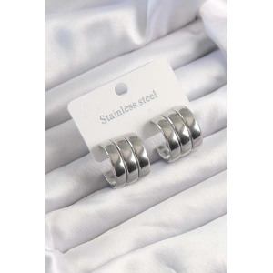 BFS 316L Çelik Gümüş Renk 3lü Görünüm Bombe Model Yarım Halka Küpe