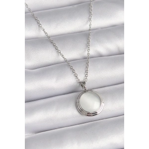 BFS 316L Çelik Gümüş Renk Beyaz Sedefli Daire Model Kadın Kolye