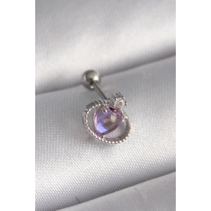 BFS 316L Çelik Gümüş Renk Mor Mineli Kalp Zirkon Taş Detay Tragus Piercing