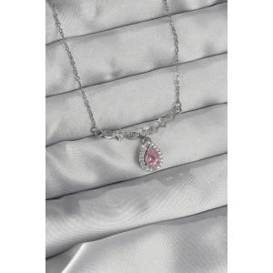 BFS 316L Çelik Gümüş Renk Pembe Zirkon Taşlı Damla Kolye