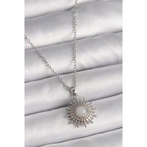 BFS 316L Çelik Gümüş Renk Zincir Beyaz Mineli Güneş Model Kadın Kolye