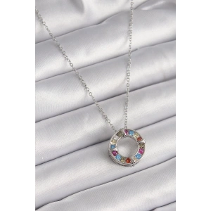 BFS 316L Çelik Gümüş Renk Zincir Renkli Zirkon Taşlı Xoxo Model Kadın Kolye