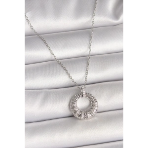 BFS 316L Çelik Gümüş Renk Zincir Zirkon Taş İşlemeli Daire Model Kadın Kolye