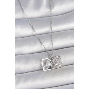 BFS 316L Çelik Gümüş Renk Zincir Zirkon Taşlı İncili Açılır Elmas Model Kadın Kolye