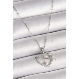 BFS 316L Çelik Gümüş Renk Zincir Zirkon Taşlı Kalp Model Yıldız Detay Kadın Kolye