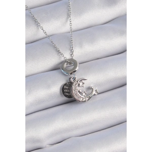 BFS 316L Çelik Gümüş Renk Zirkon Taşlı Ay Yıldız  Figür Charm Model Kadın Kolye