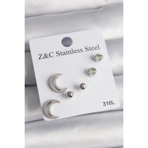 BFS 316L Çelik Gümüş Renk Zirkon Taşlı Hilal Model Kadın Küpe Seti